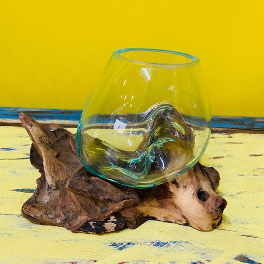 Bicchiere etnico vetro fuso su radice vaso orchidea