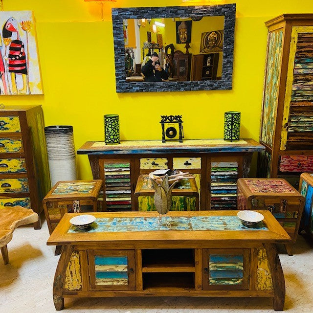 Miroir ethnique en bois avec cadre argenté minimaliste