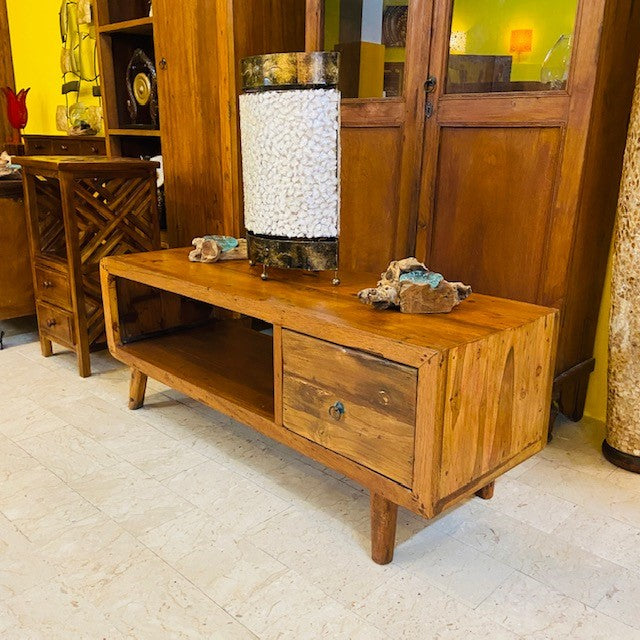 Meuble TV mobile table basse en bois de teck style wabi sabi