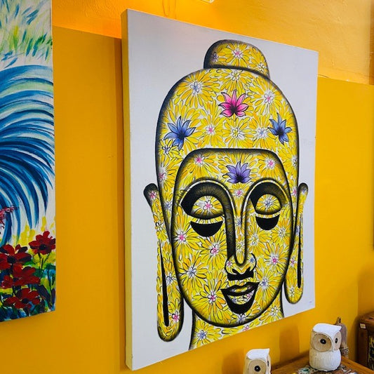 Quadro buddha dipinto su tela stile hippie fiori