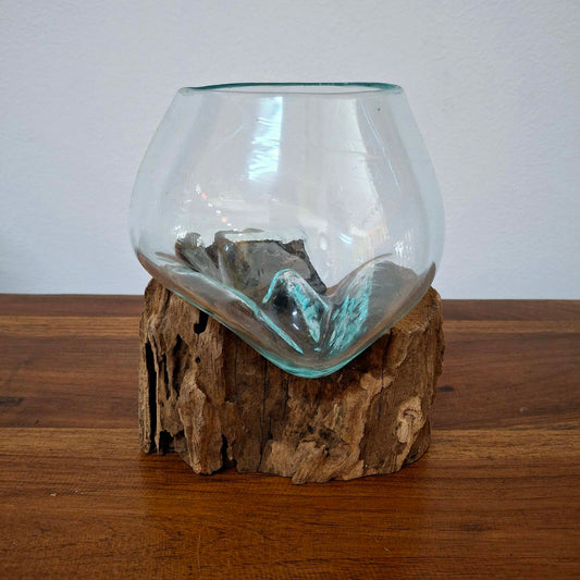 Ampolla in vetro fuso su radice di mangrovia