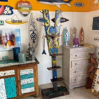 Ethnic tribal teak wood coat stand with shelves
