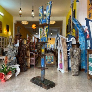 Ethnic tribal teak wood coat stand with shelves