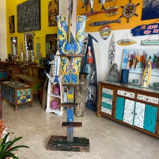 Ethnic tribal teak wood coat stand with shelves
