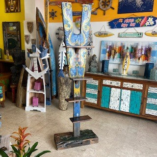 Ethnic tribal teak wood coat stand with shelves
