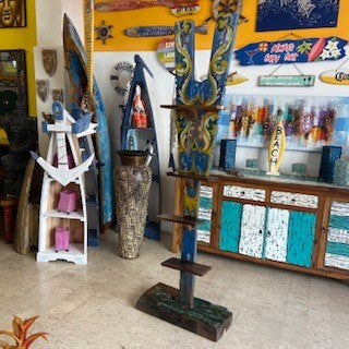 Ethnic tribal teak wood coat stand with shelves