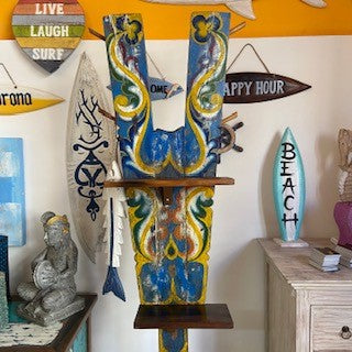 Ethnic tribal teak wood coat stand with shelves