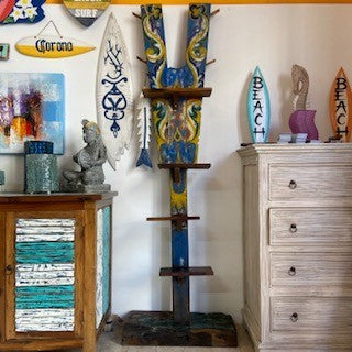 Ethnic tribal teak wood coat stand with shelves