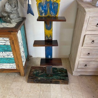 Ethnic tribal teak wood coat stand with shelves
