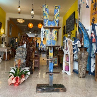 Ethnic tribal teak wood coat stand with shelves