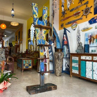 Ethnic tribal teak wood coat stand with shelves