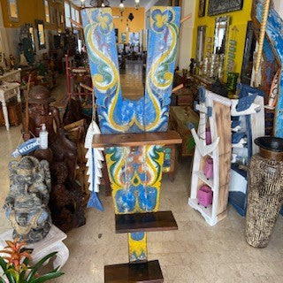 Ethnic tribal teak wood coat stand with shelves