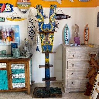 Ethnic tribal teak wood coat stand with shelves