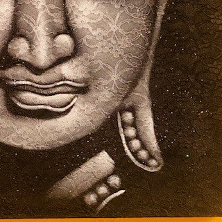 Quadro Buddha dipinto su tela nero grigio argento