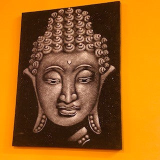 Quadro Buddha dipinto su tela nero grigio argento
