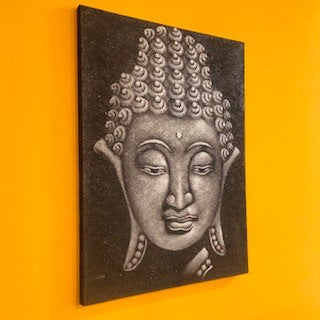 Quadro Buddha dipinto su tela nero grigio argento