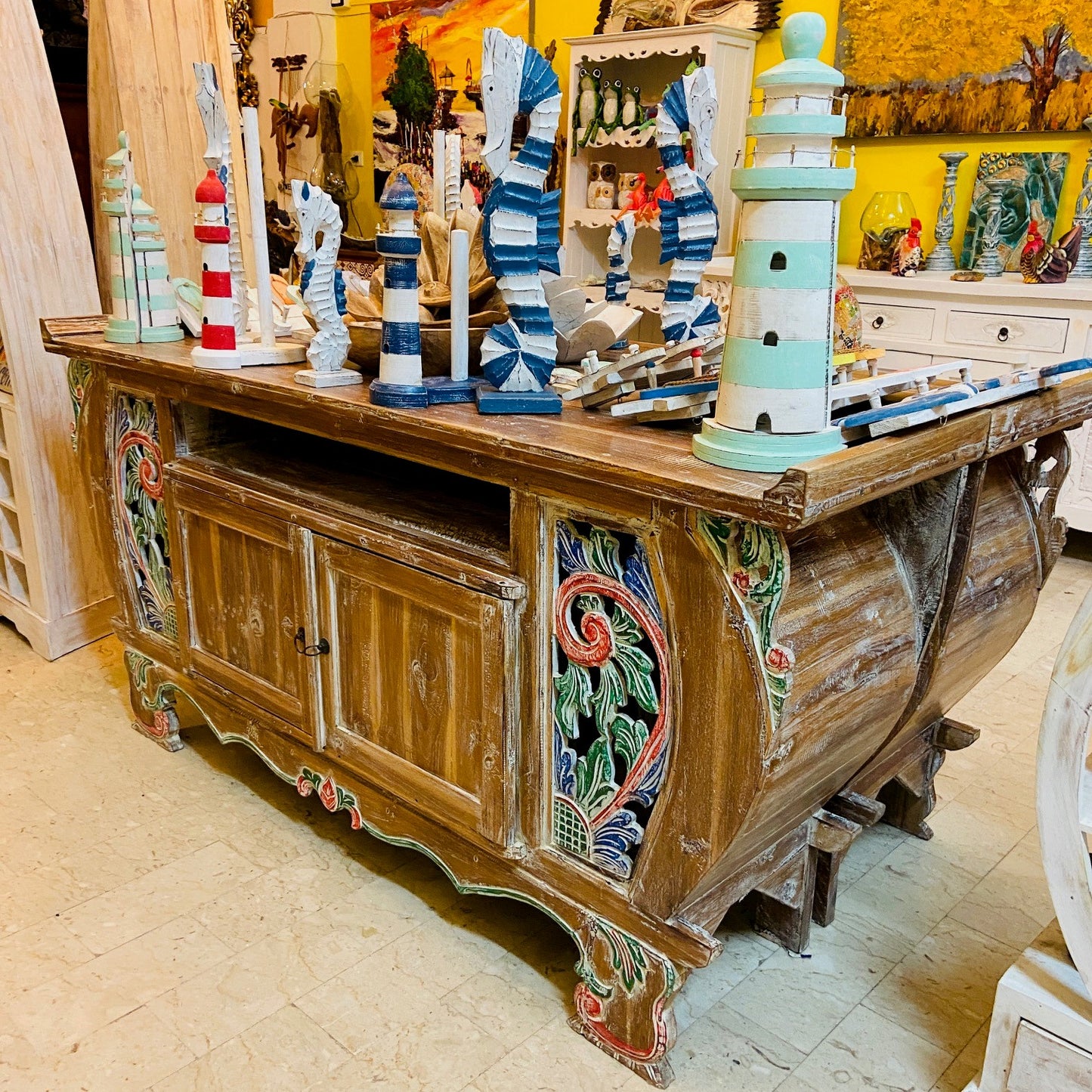 Meuble TV ethnique Buffet Teck Shabby Vintage