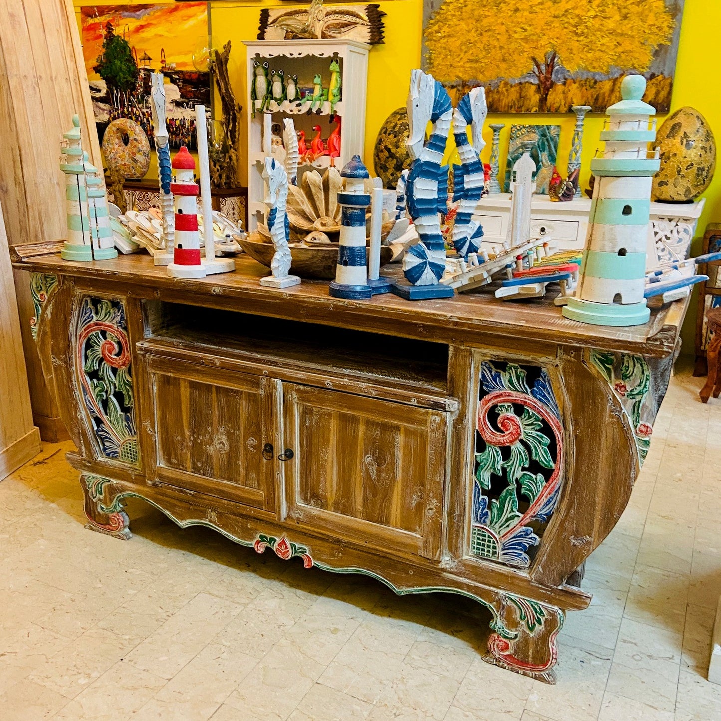 Meuble TV ethnique Buffet Teck Shabby Vintage