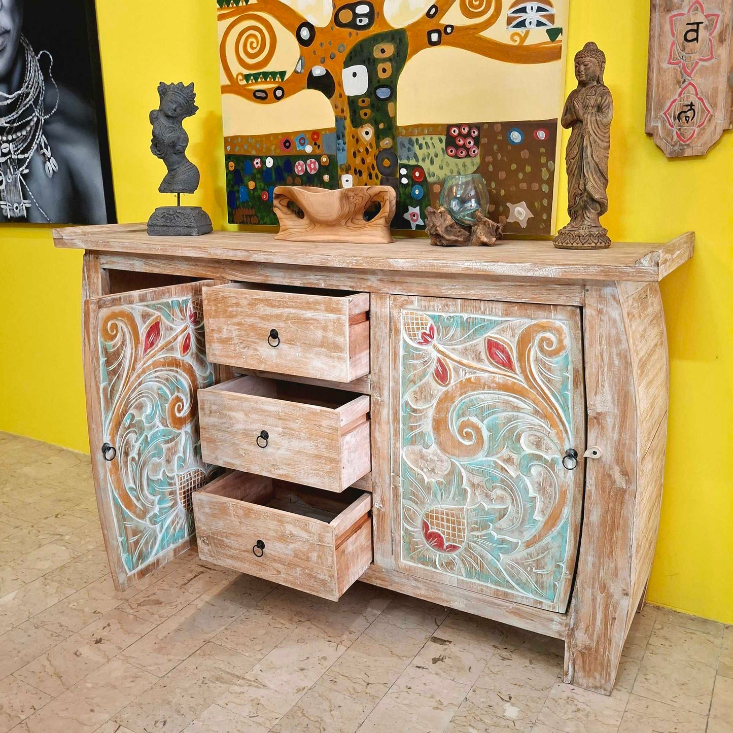 Buffet etnico madia intagliata in legno teak shabby chic