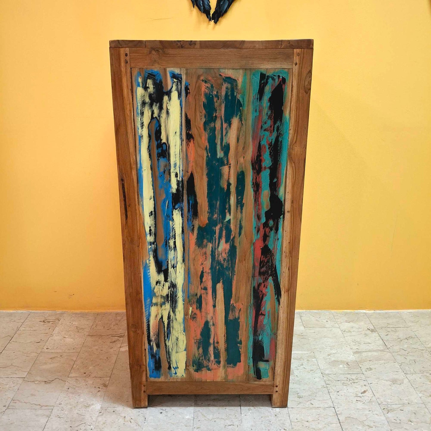 Cassettiera etnica a colonna colorata in legno teak