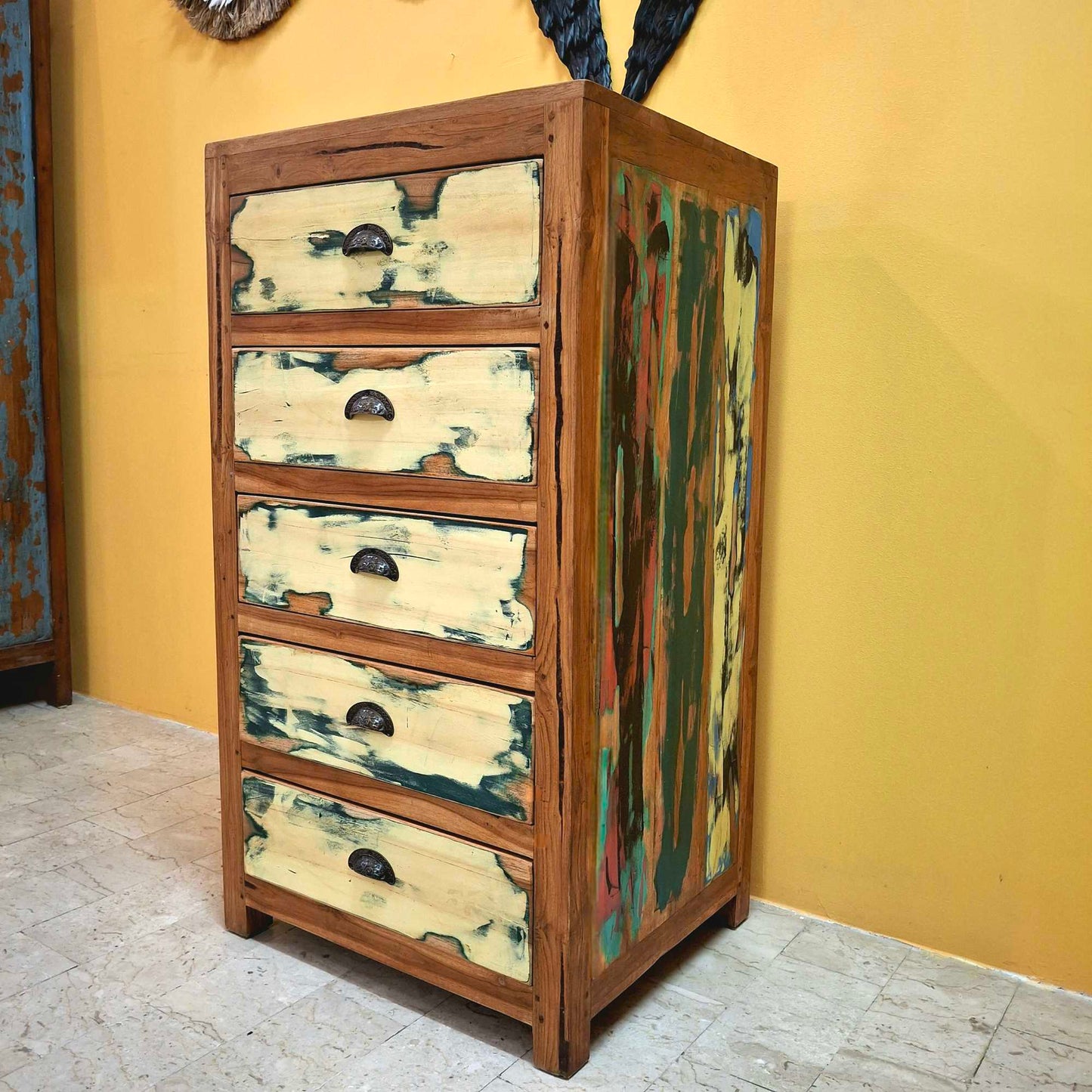 Cassettiera etnica a colonna colorata in legno teak