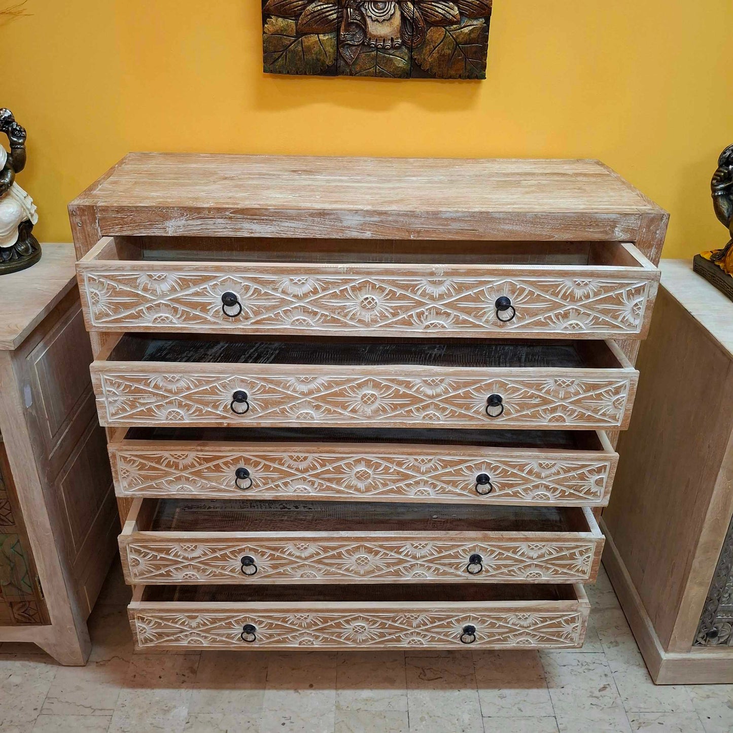 Cassettiera etnica in teak stile shabby chic