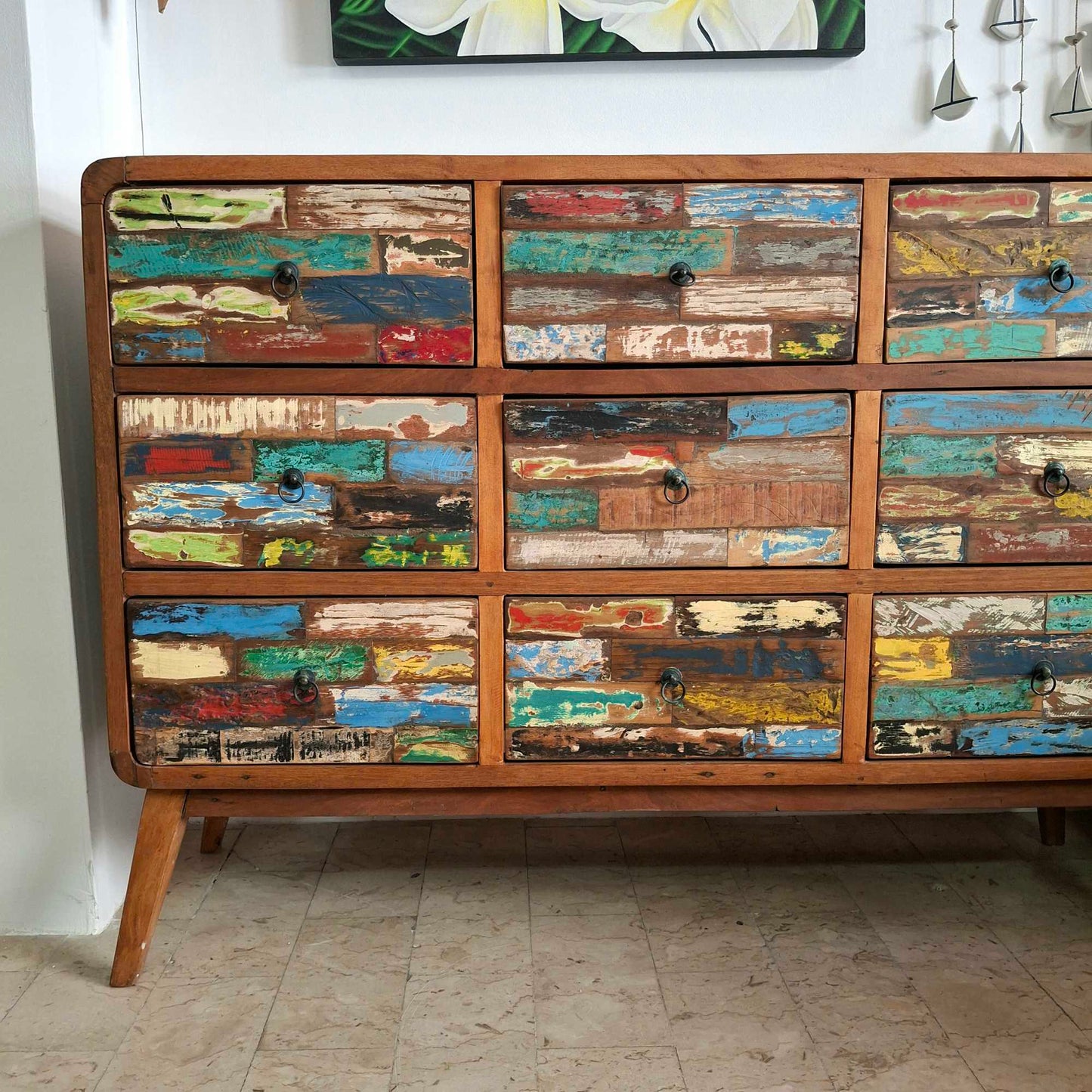 Cassettiera etnica modello scatolato in legno teak