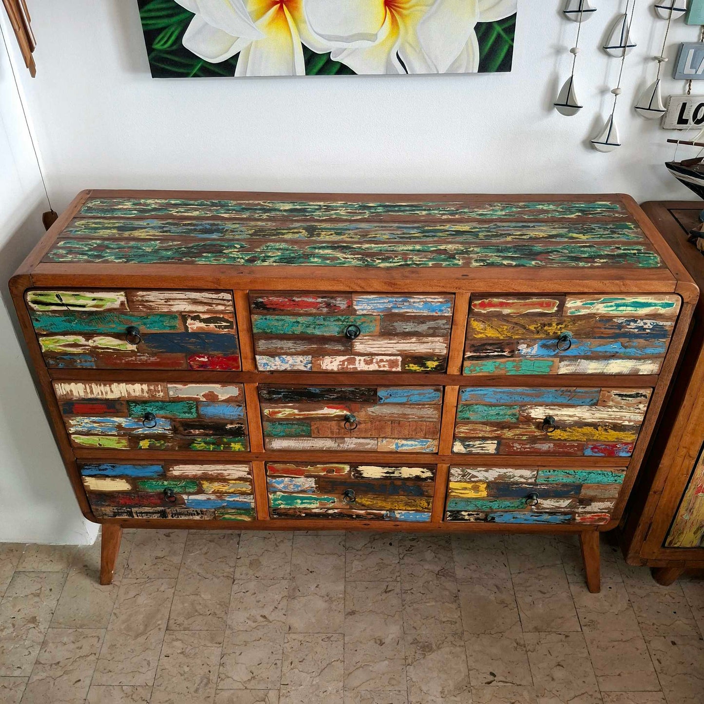 Cassettiera etnica modello scatolato in legno teak