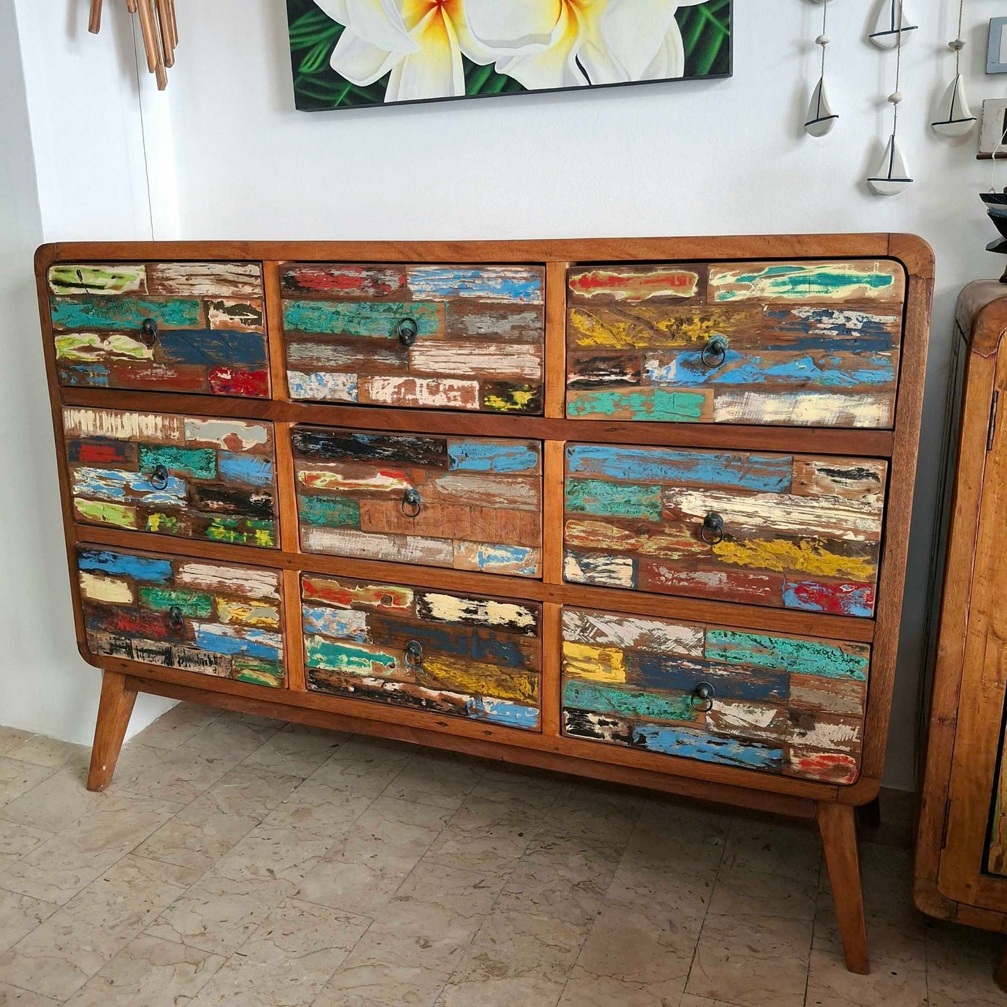 Cassettiera etnica modello scatolato in legno teak