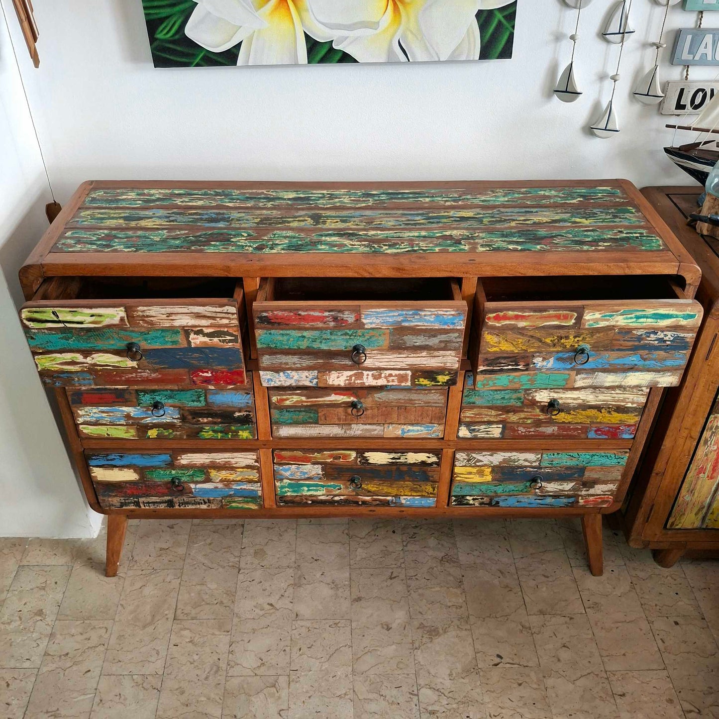 Cassettiera etnica modello scatolato in legno teak