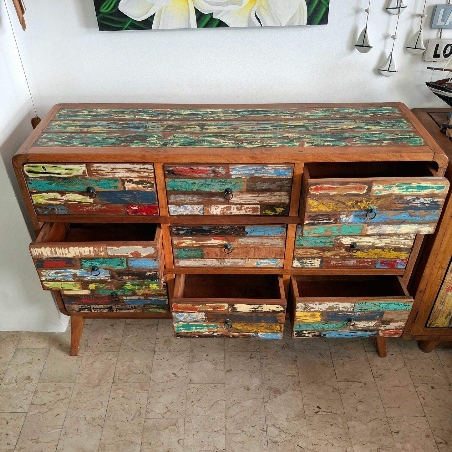 Cassettiera etnica modello scatolato in legno teak