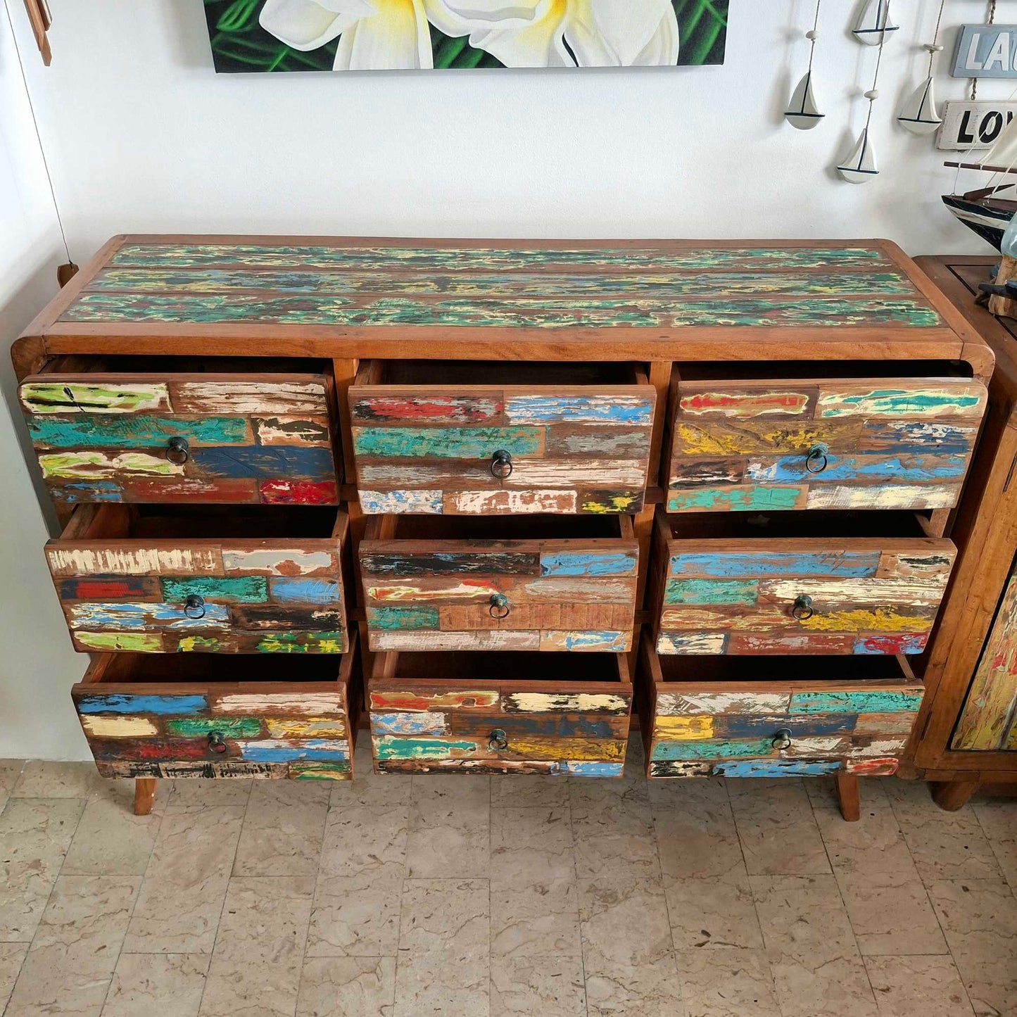 Cassettiera etnica modello scatolato in legno teak