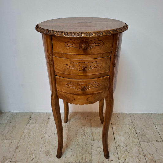 Comodino stile liberty intagliato in legno teak