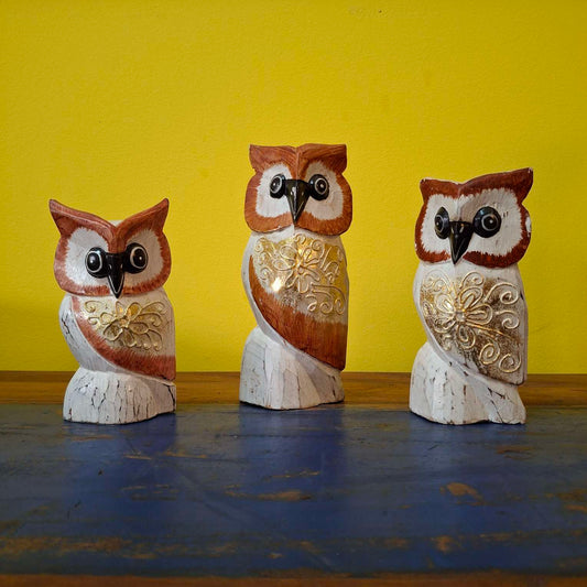 Gufi Set Statuette Legno Soprammobile Stile Etnico - ETNICBAY