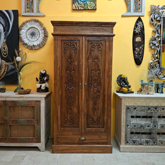 Credenza alta etnica intagliata legno teak mobile contenitore