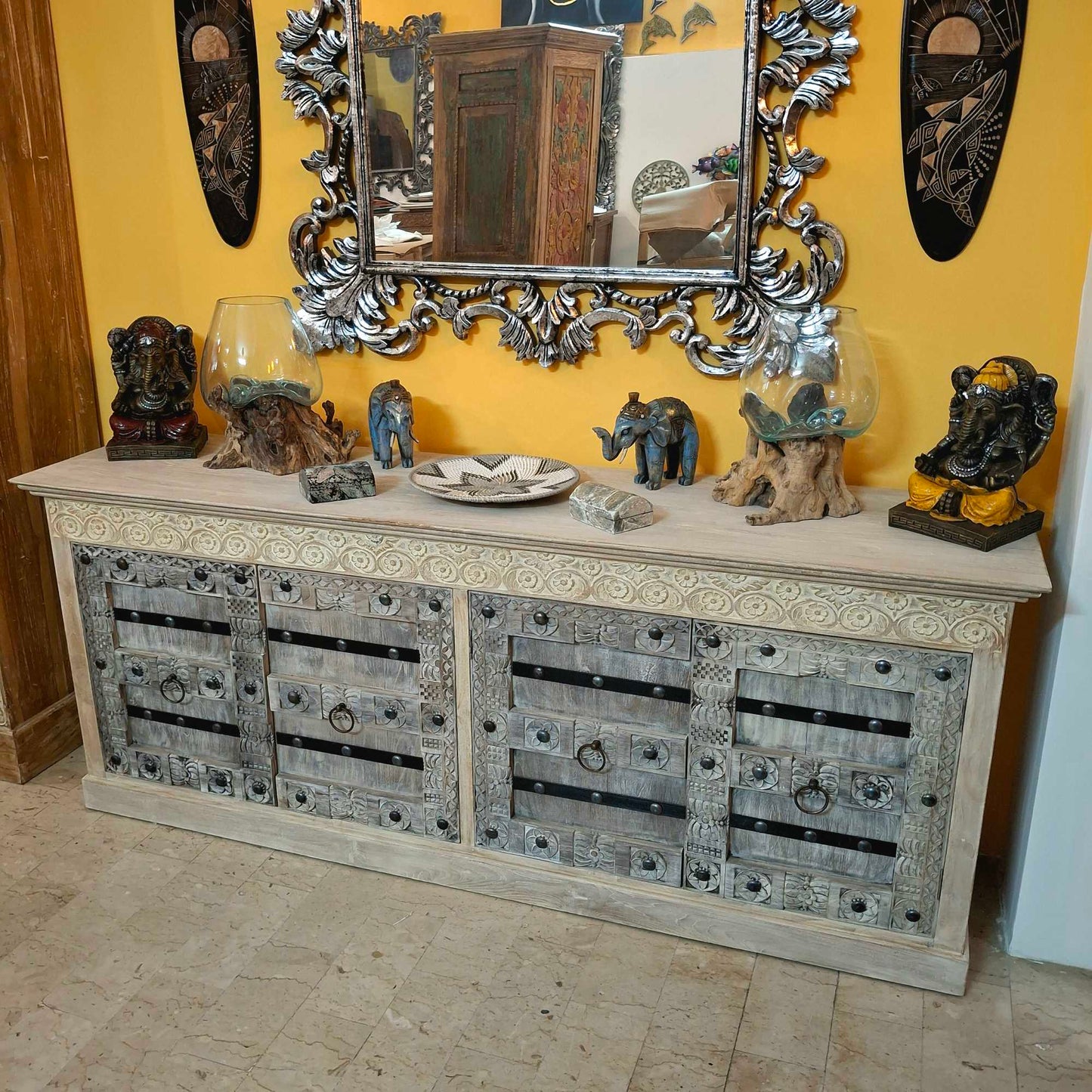 Credenza etnica intagliata legno teak mobile rustico