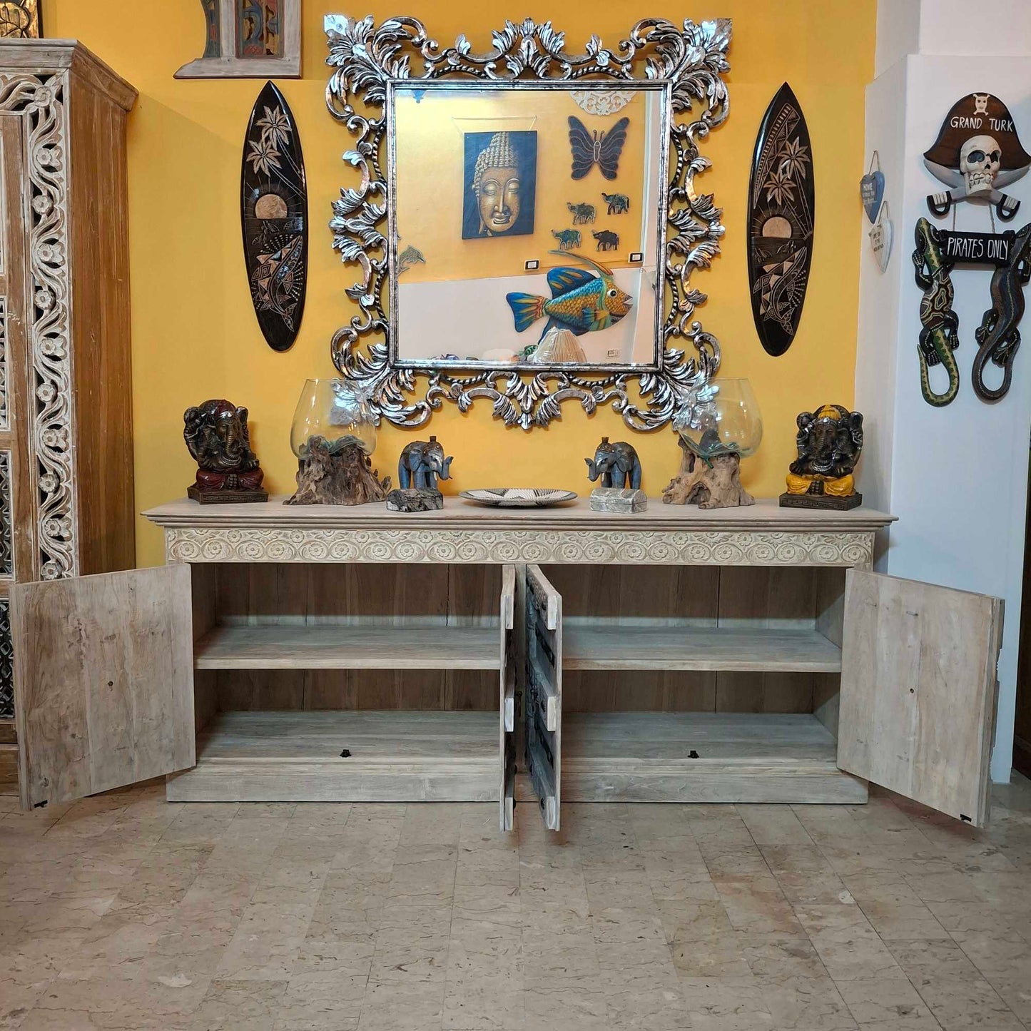 Credenza etnica intagliata legno teak mobile rustico