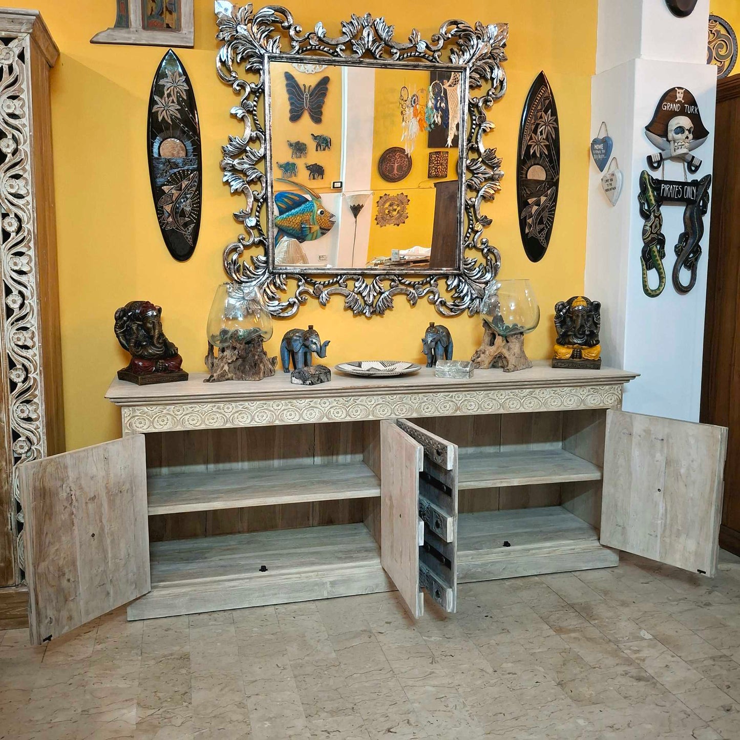 Credenza etnica intagliata legno teak mobile rustico