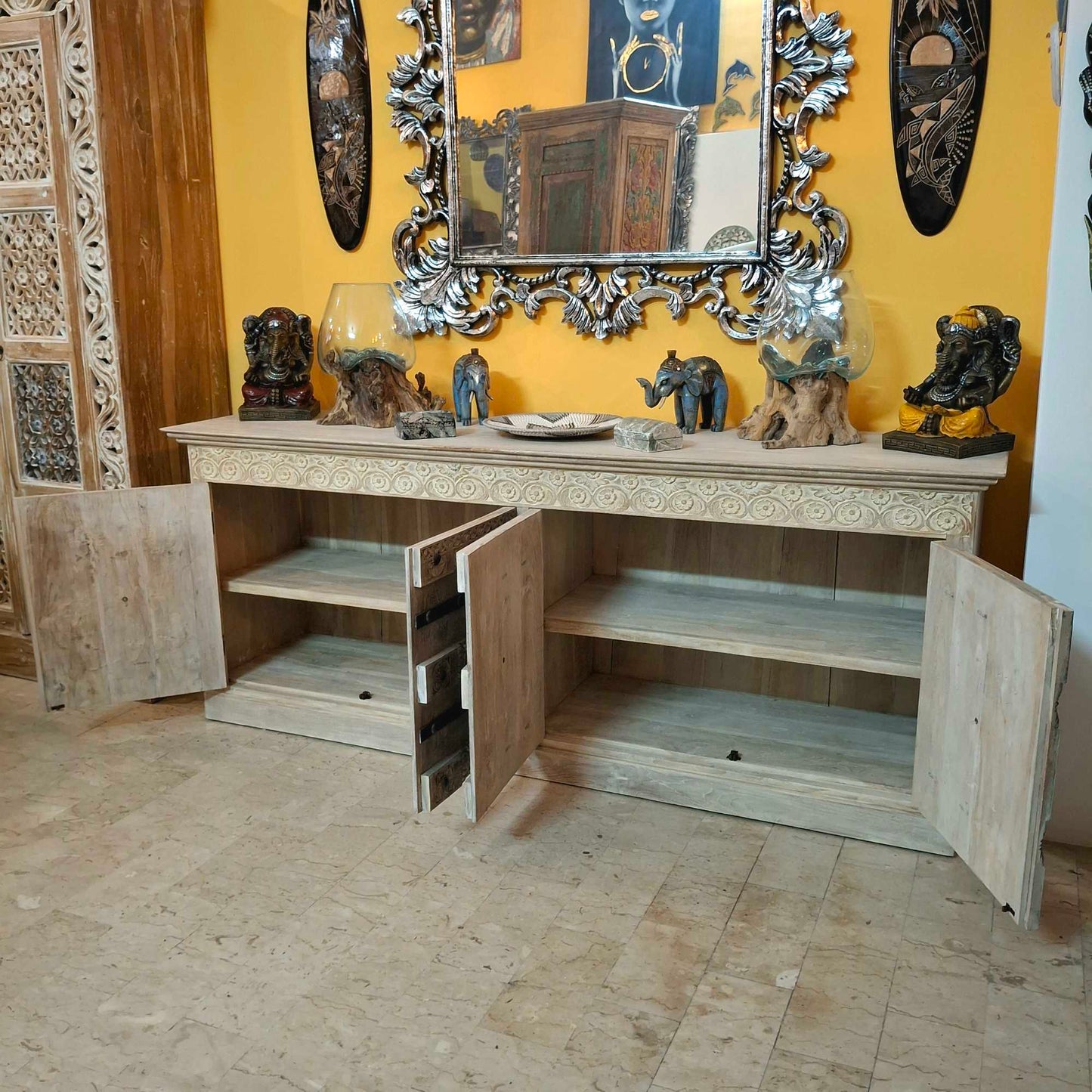 Credenza etnica intagliata legno teak mobile rustico