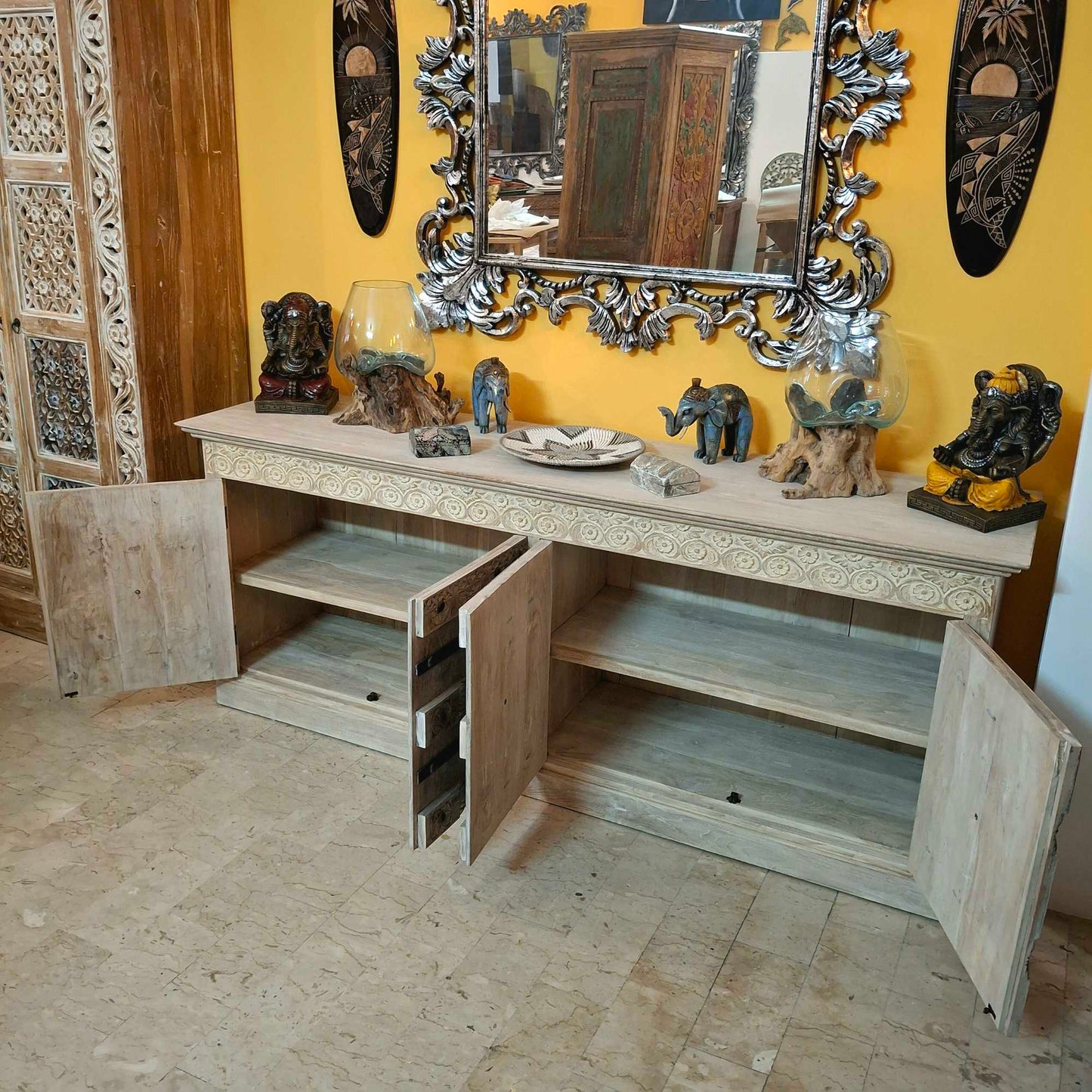 Credenza etnica intagliata legno teak mobile rustico