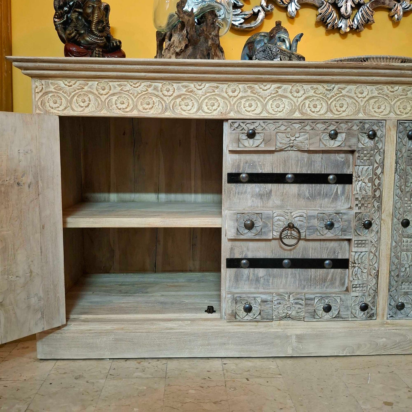 Credenza etnica intagliata legno teak mobile rustico