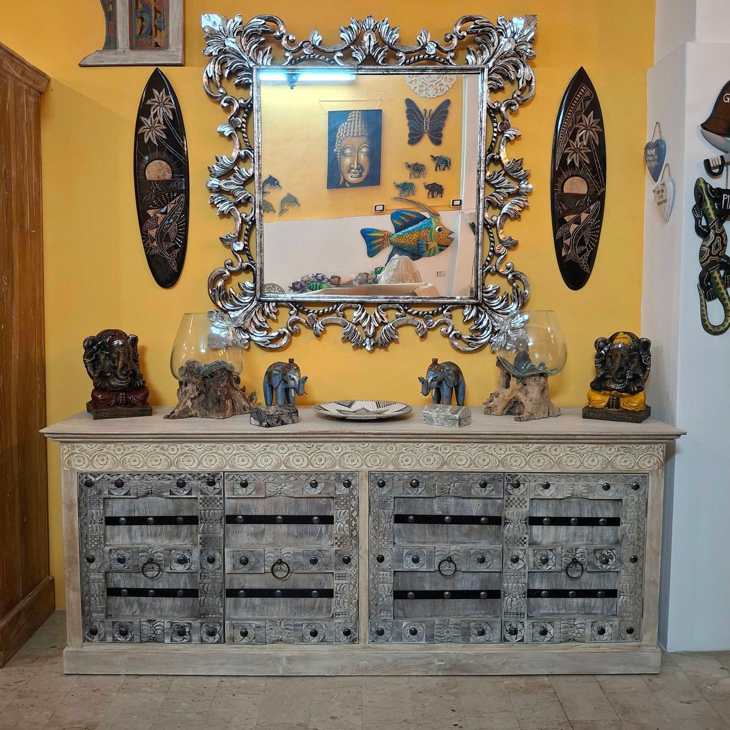 Credenza etnica intagliata legno teak mobile rustico