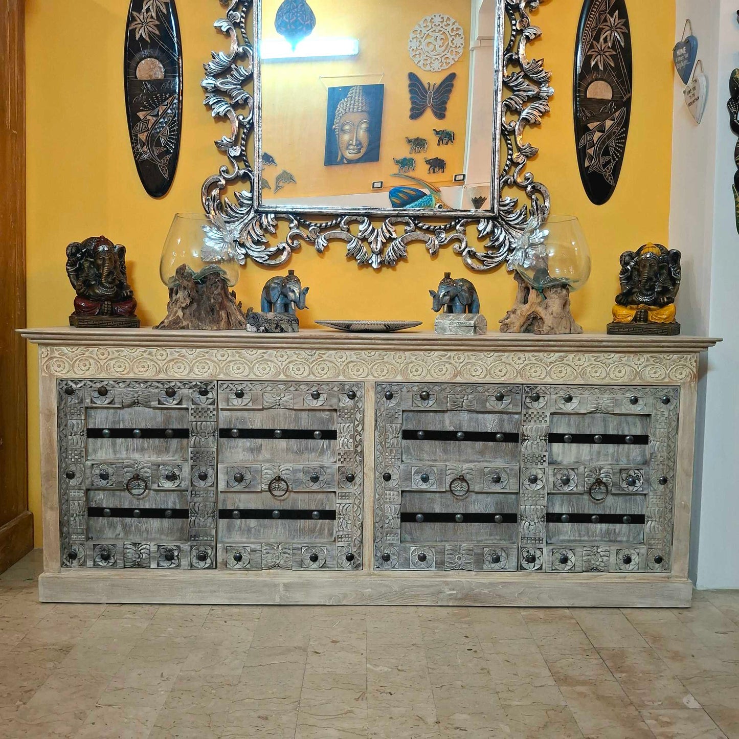 Credenza etnica intagliata legno teak mobile rustico