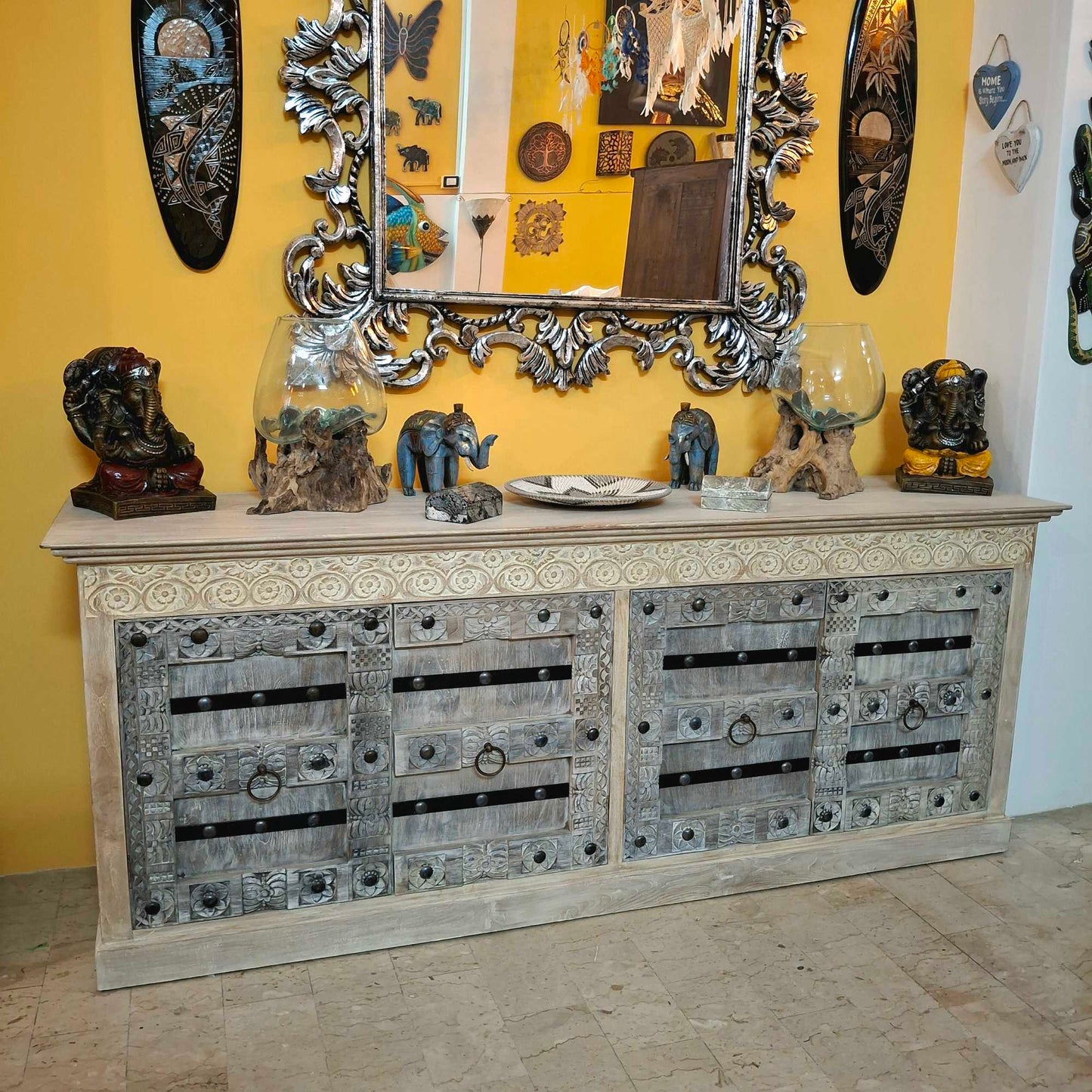 Credenza etnica intagliata legno teak mobile rustico