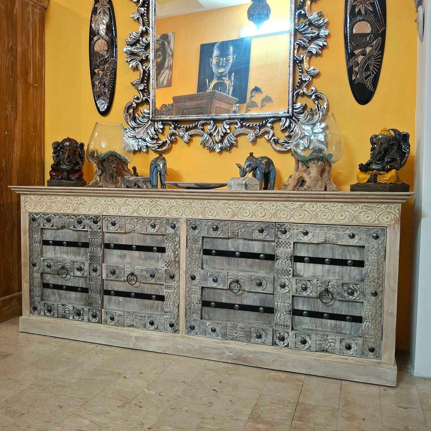 Credenza etnica intagliata legno teak mobile rustico