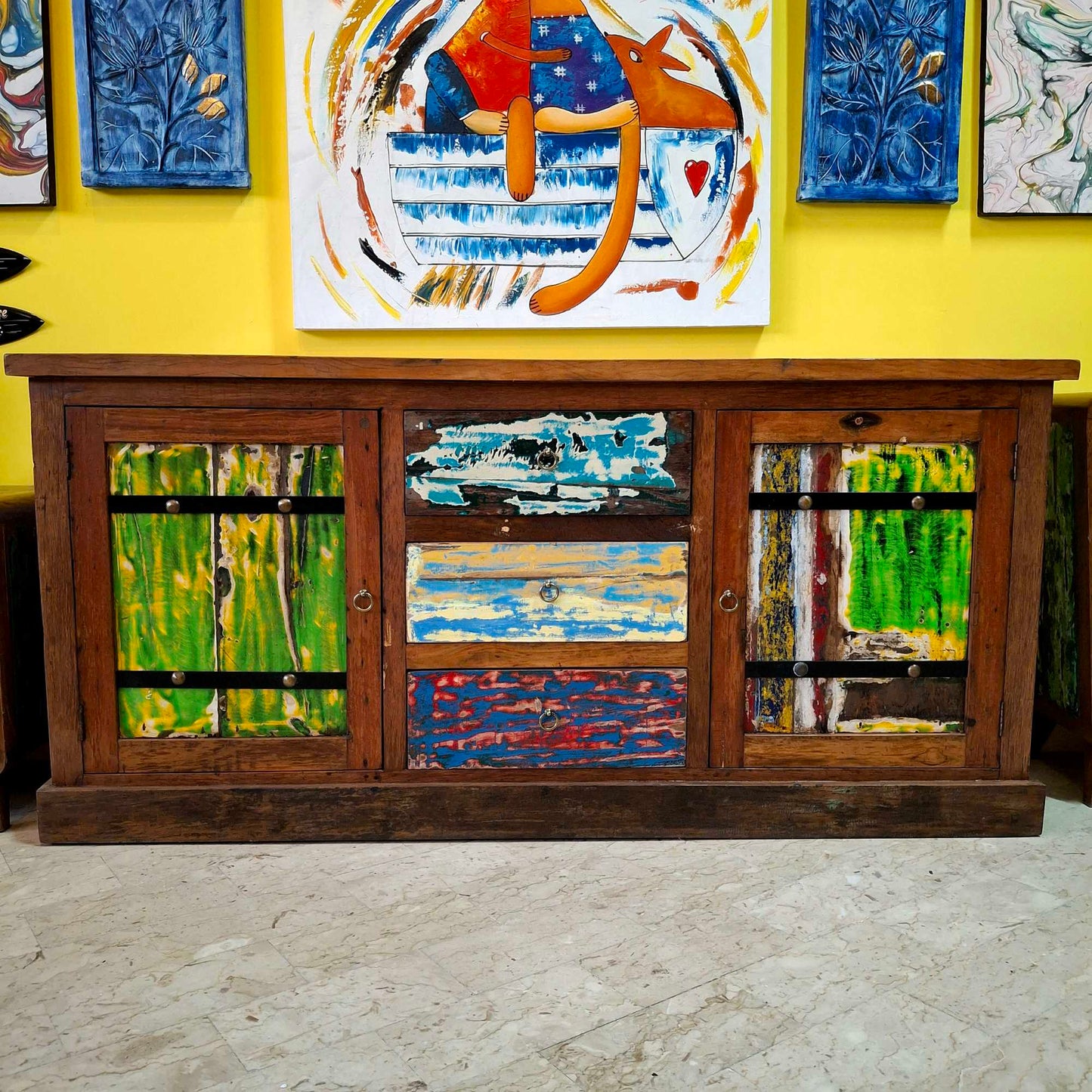Ethnic sideboard made of recycled teak from Indonesian boats