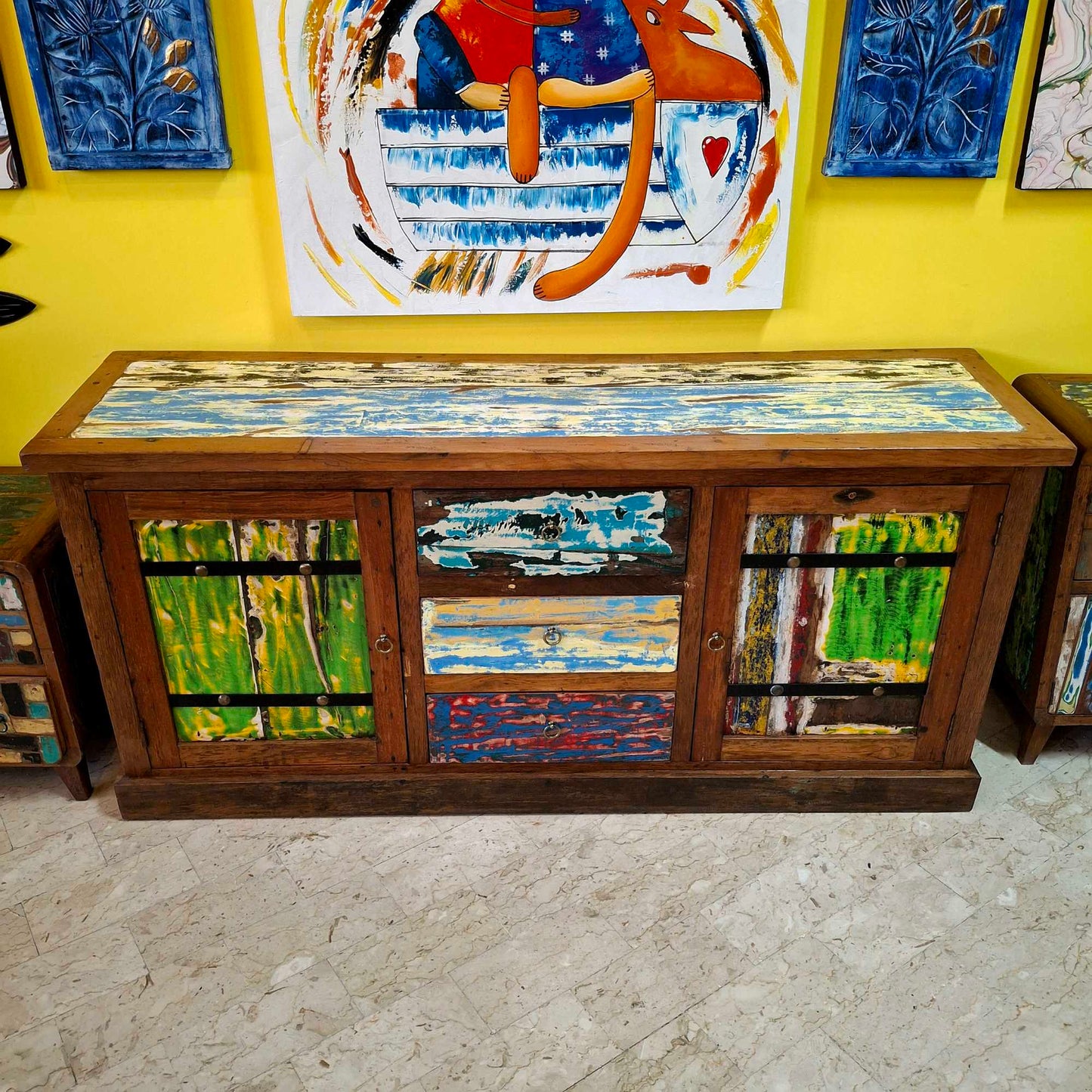 Ethnic sideboard made of recycled teak from Indonesian boats