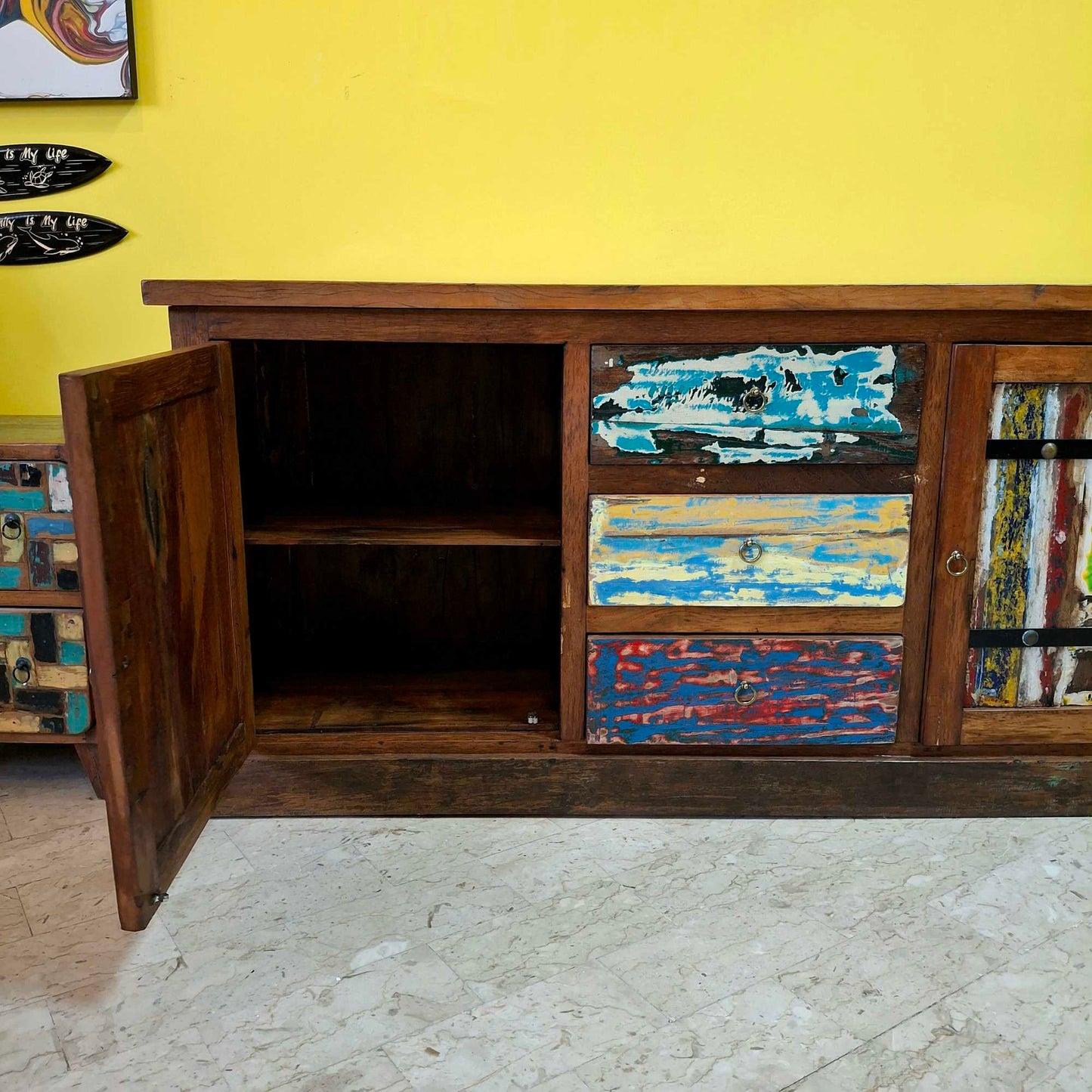 Ethnic sideboard made of recycled teak from Indonesian boats