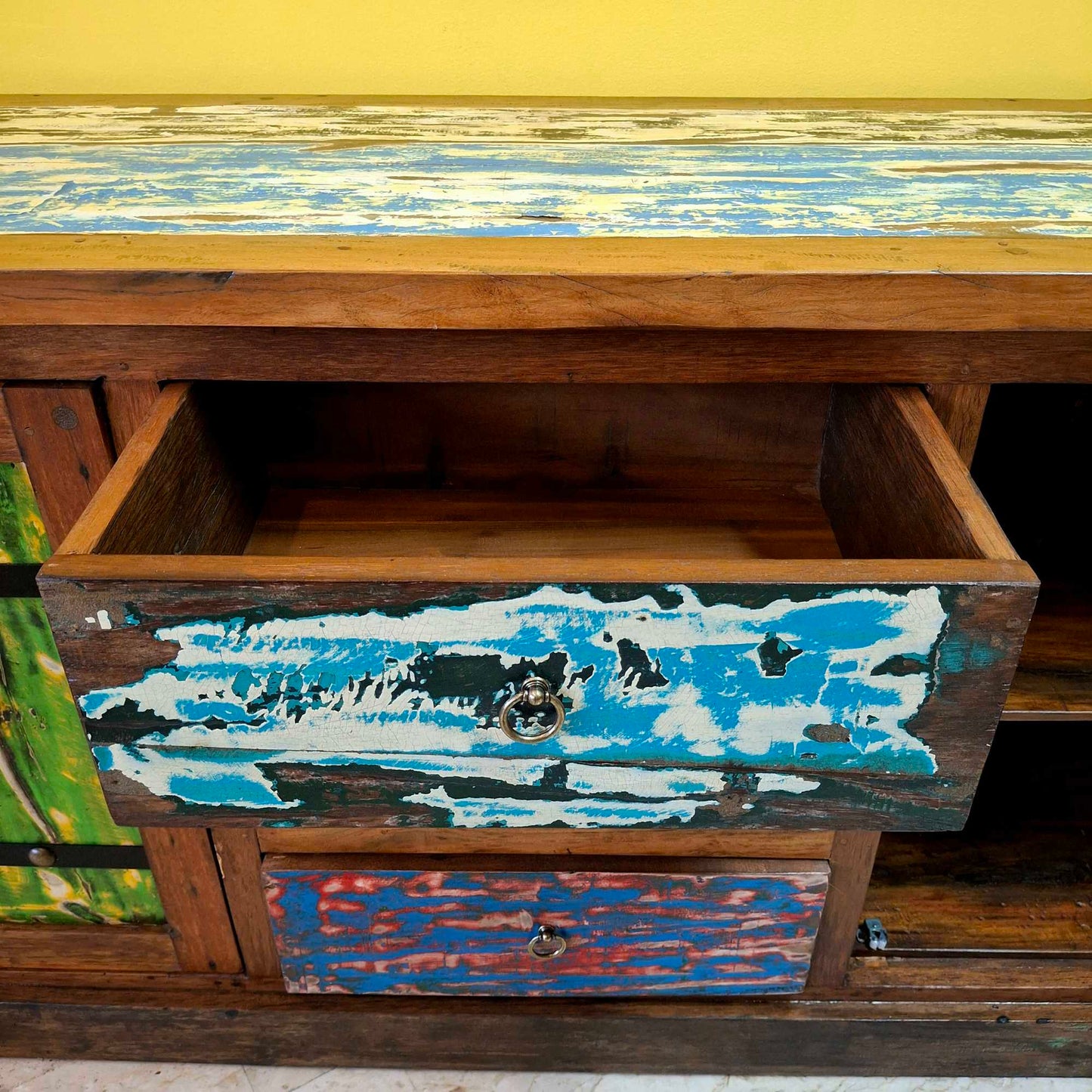 Ethnic sideboard made of recycled teak from Indonesian boats