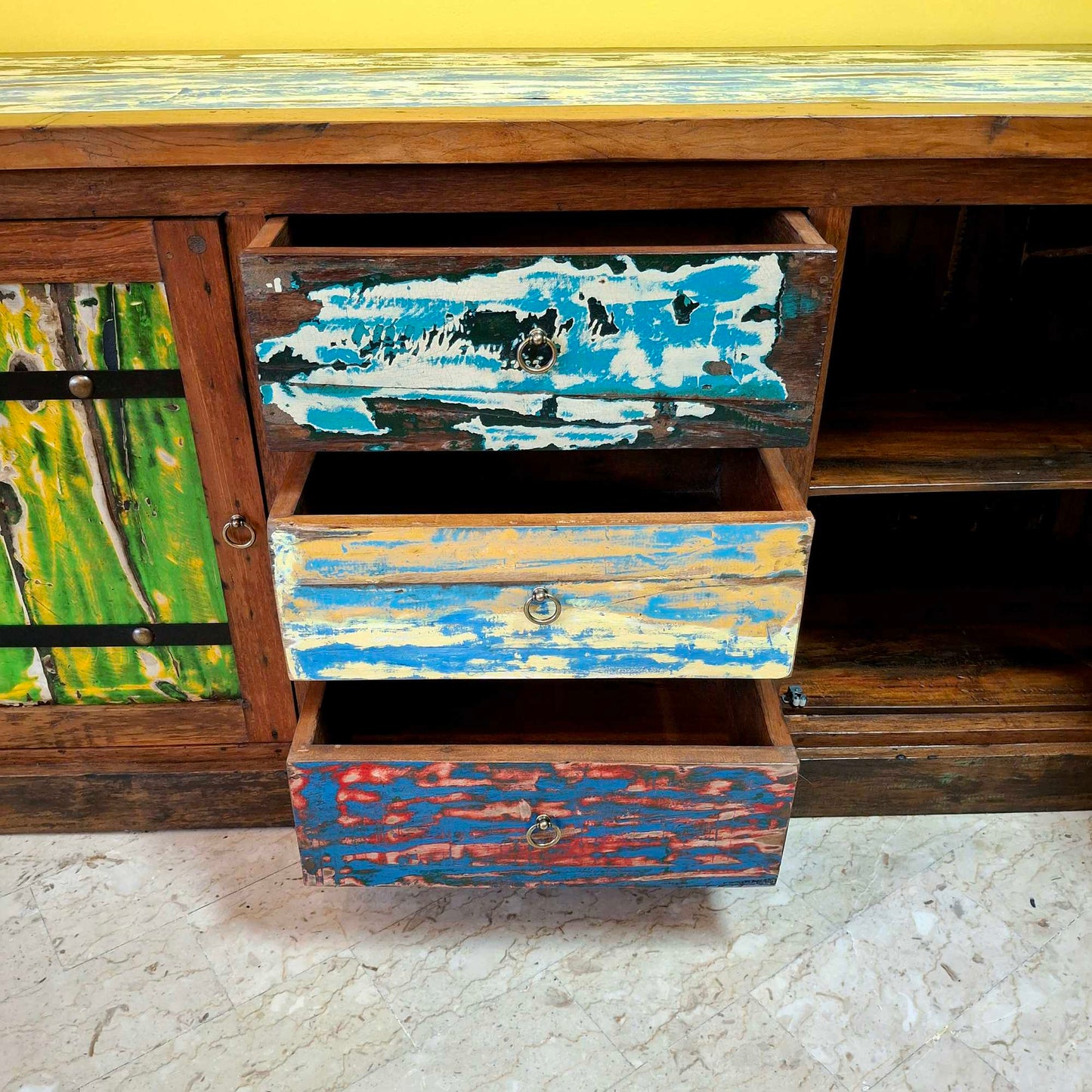 Ethnic sideboard made of recycled teak from Indonesian boats